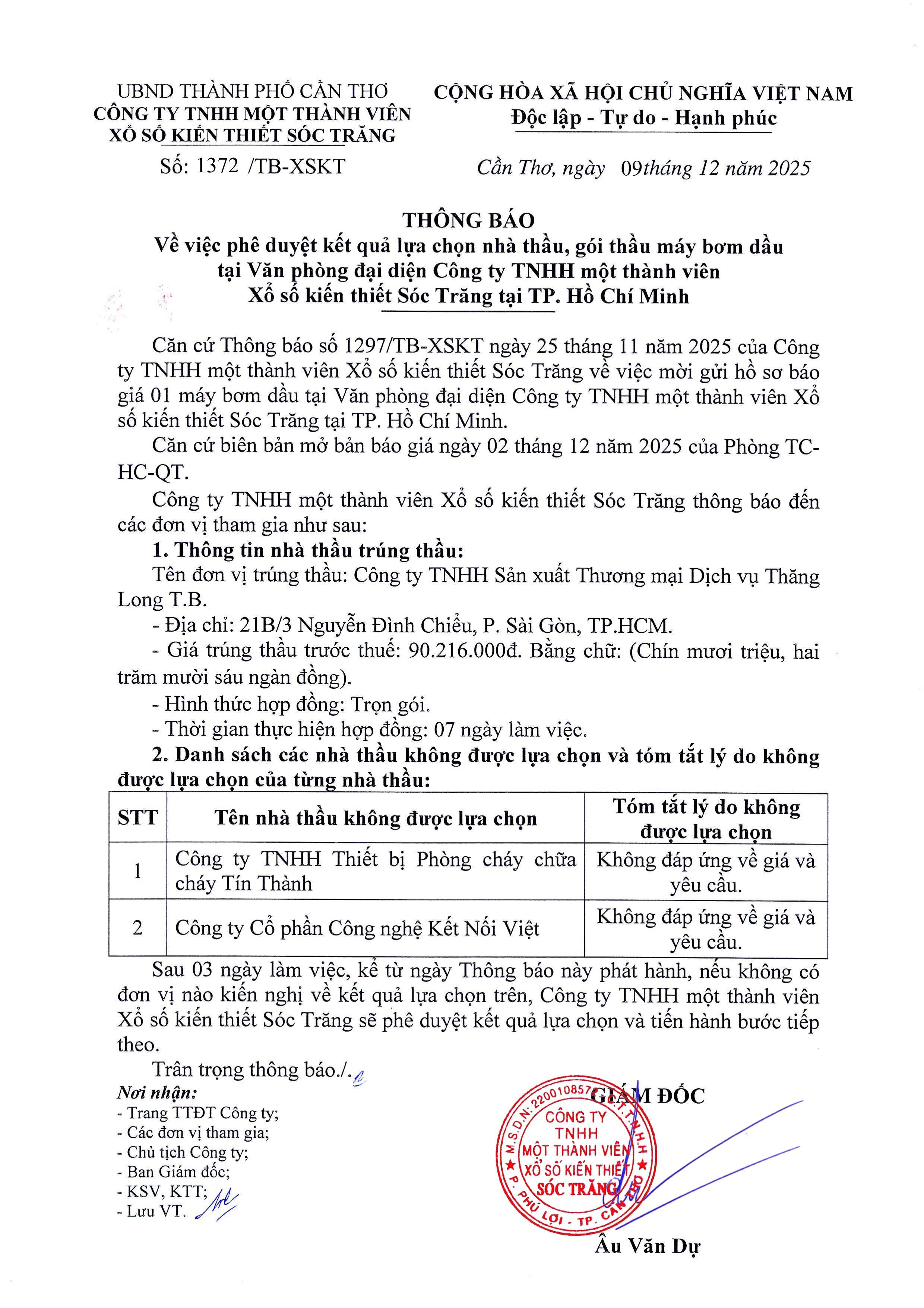 Thông báo về việc phê duyệt kết quả lựa chọn nhà thầu, gói thầu máy bơm dầu tại VPĐD Công ty TNHH MTV Xổ số kiến thiết Sóc Trăng tại TP. Hồ Chí Minh