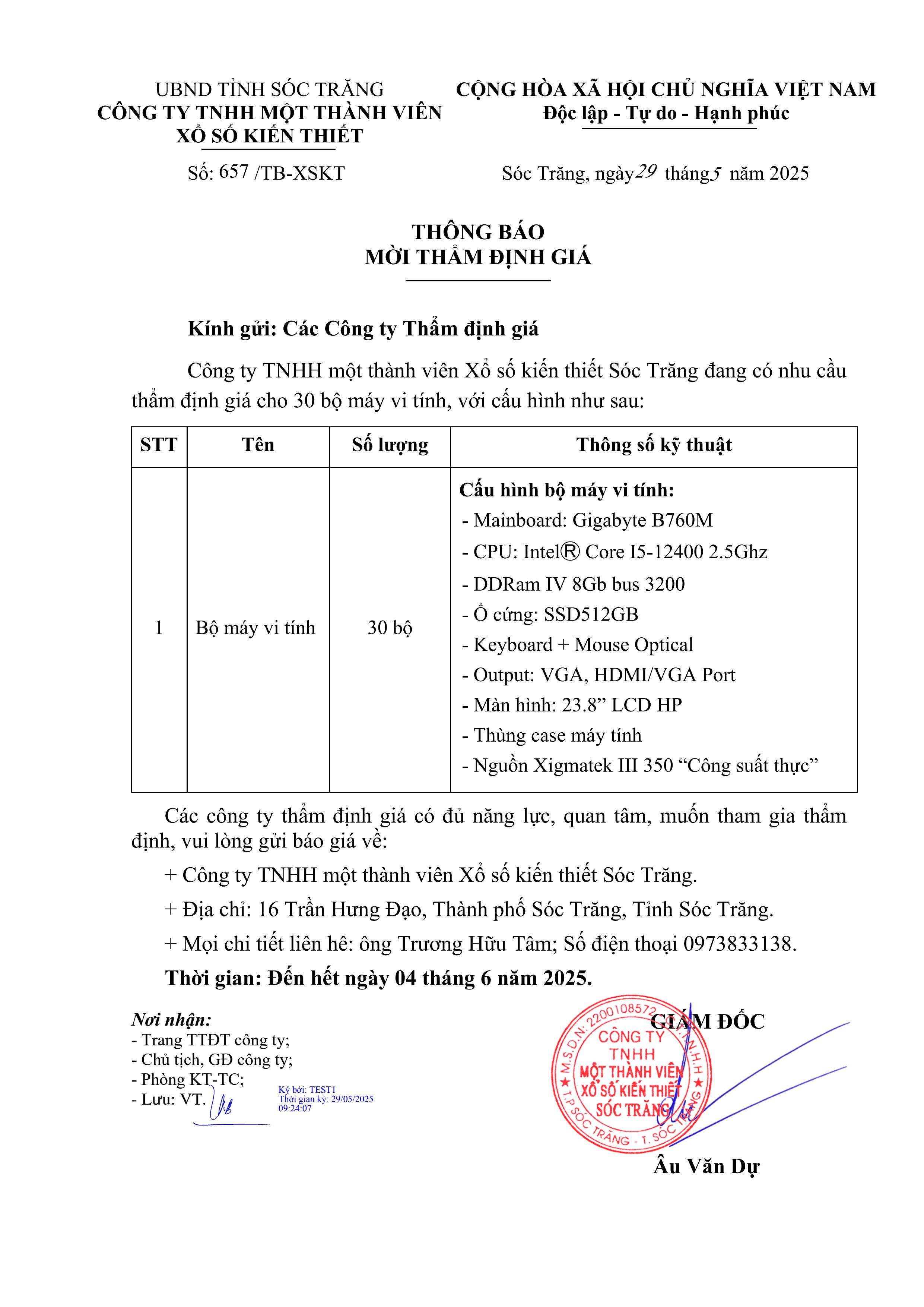 Thông báo về việc mời các đơn vị tham gia thẩm định giá bộ máy vi tính ngày 30/5/2025