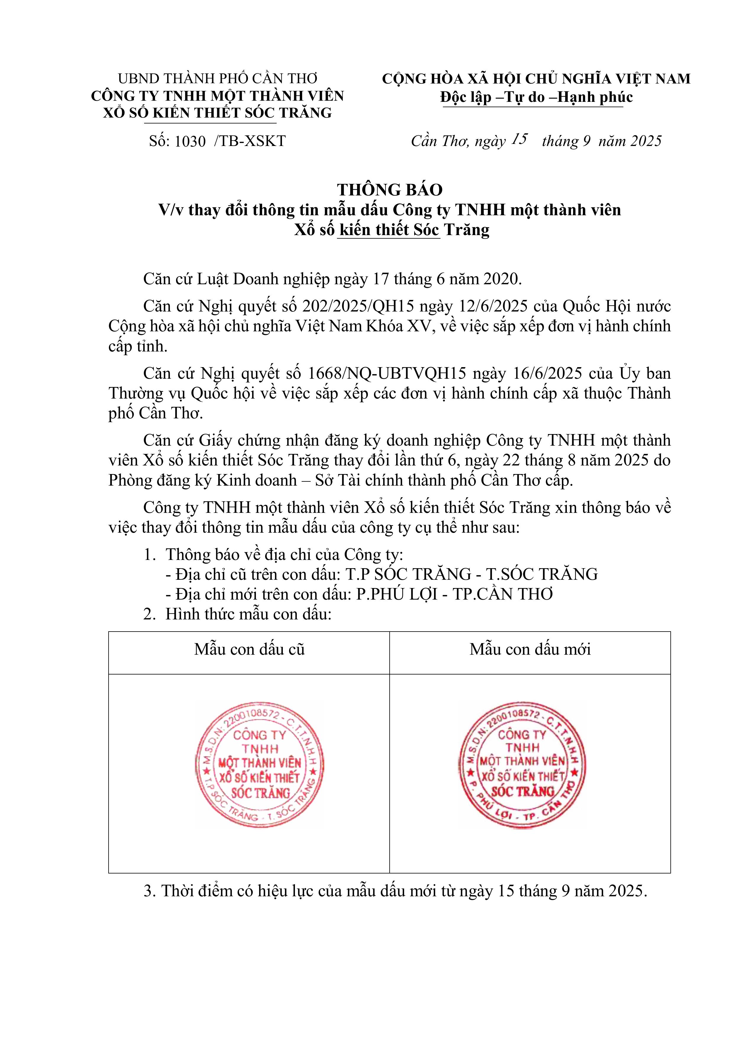 THÔNG BÁO VỀ VIỆC THAY ĐỔI THÔNG TIN MẪU DẤU CÔNG TY TNHH MTV XỔ SỐ KIẾN THIẾT SÓC TRĂNG