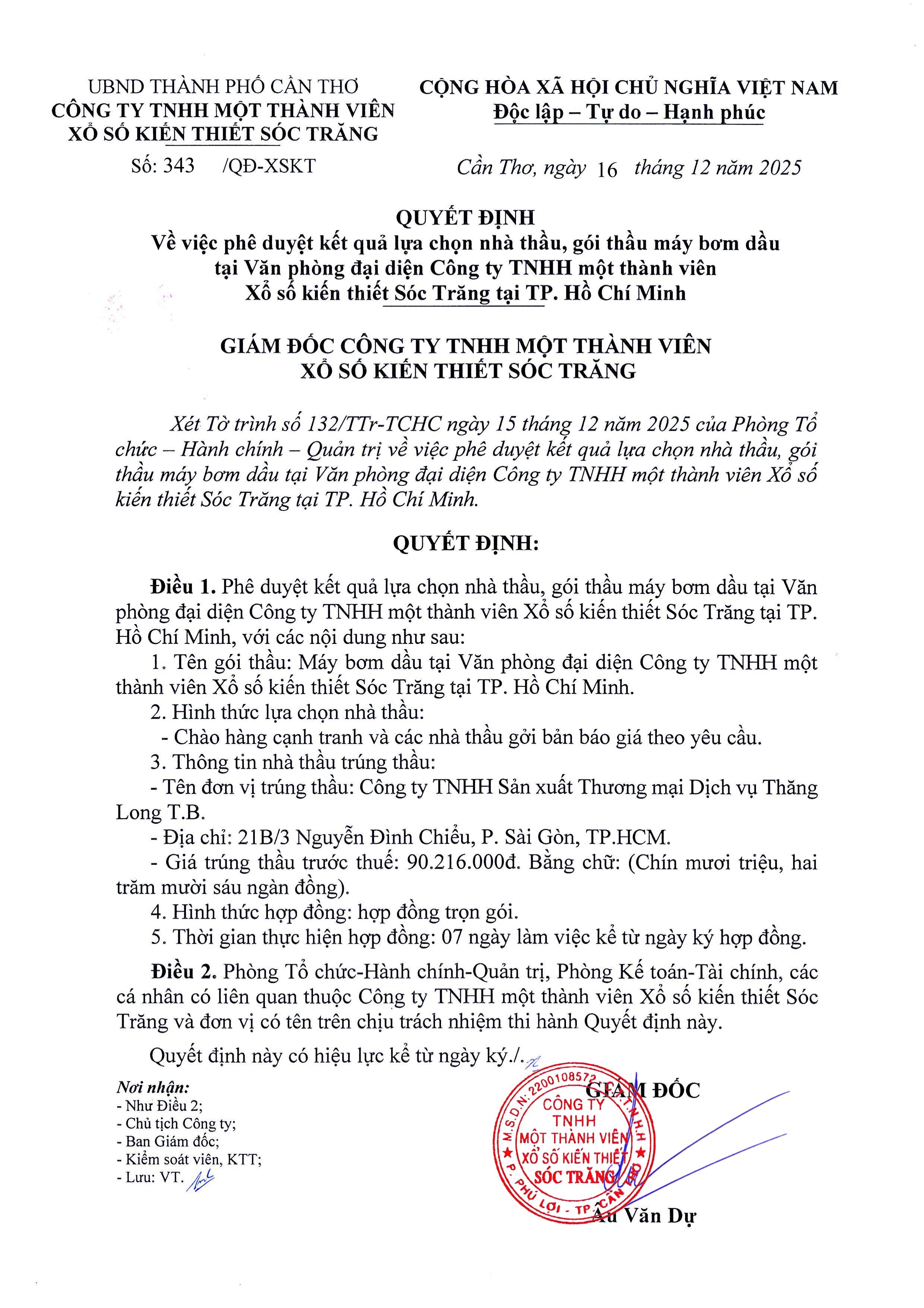 Quyết định về việc phê duyệt kết quả lựa chọn nhà thầu, gói thầu máy bơm dầu tại VPĐD Công ty TNHH MTV Xổ số kiến thiết Sóc Trăng tại TP. HCM