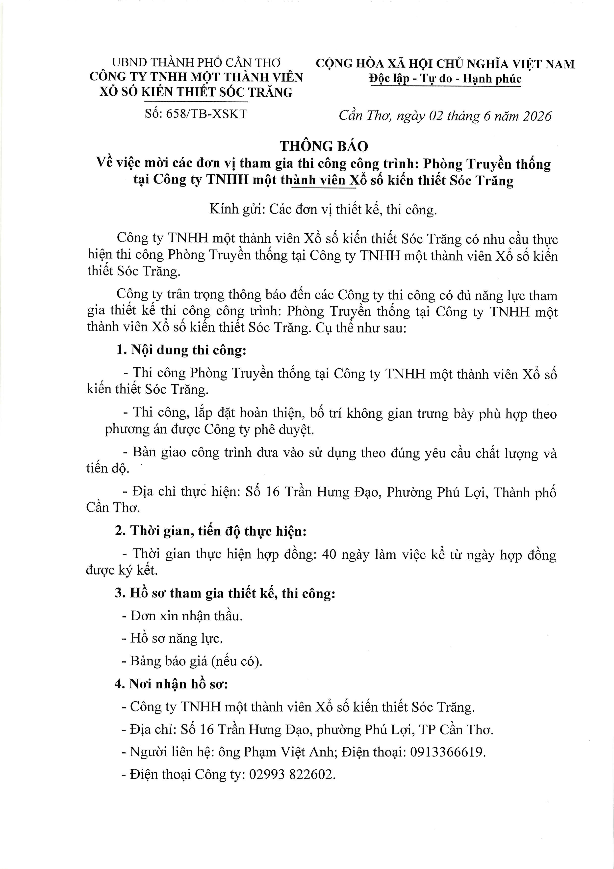Thông báo về việc mời các đơn vị tham gia thi công công trình: Phòng Truyền thống tại Công ty TNHH một thành viên Xổ số kiến thiết Sóc Trăng
