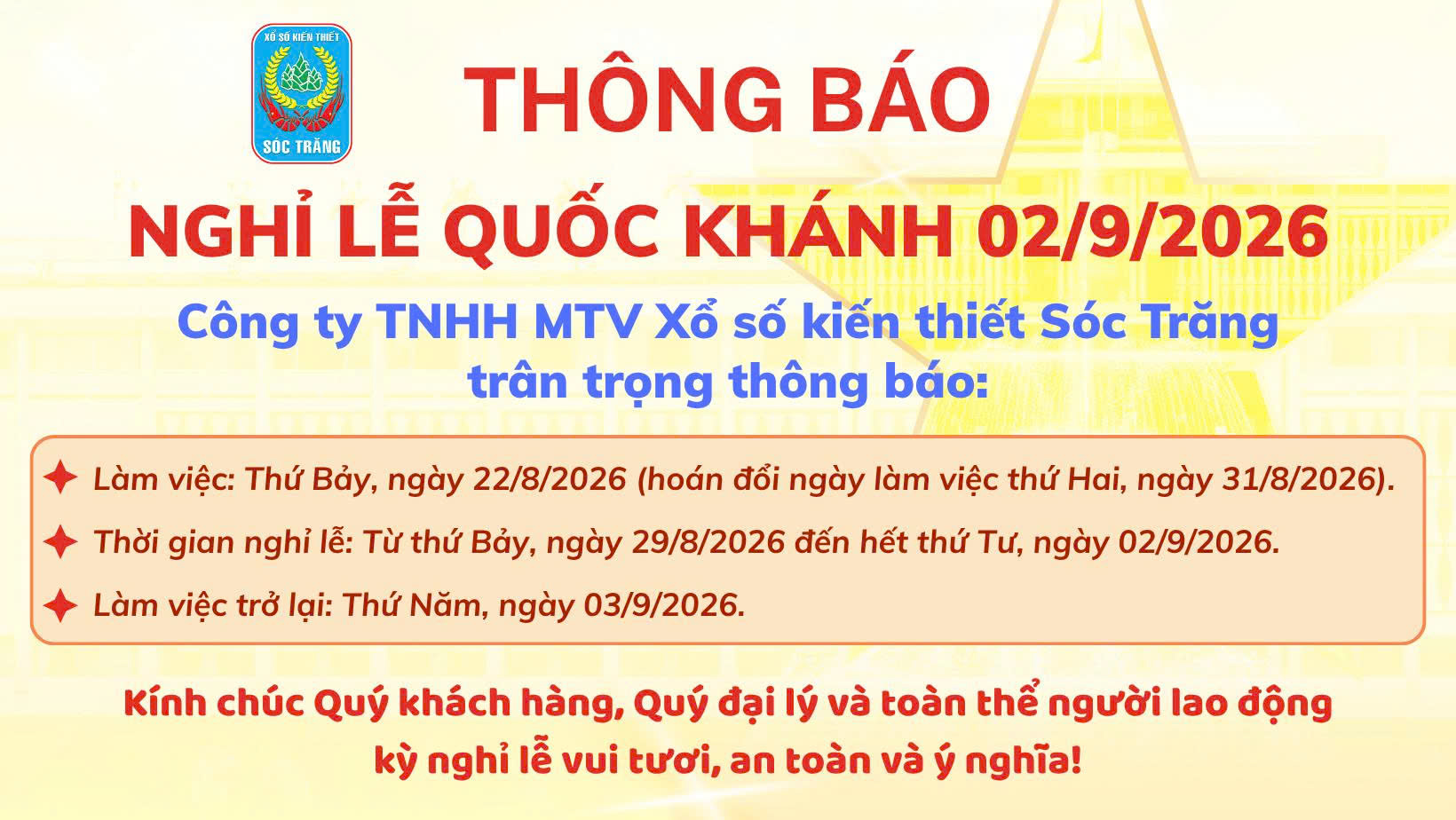 THÔNG BÁO LỊCH NGHỈ LỄ QUỐC KHÁNH 02/9/2026