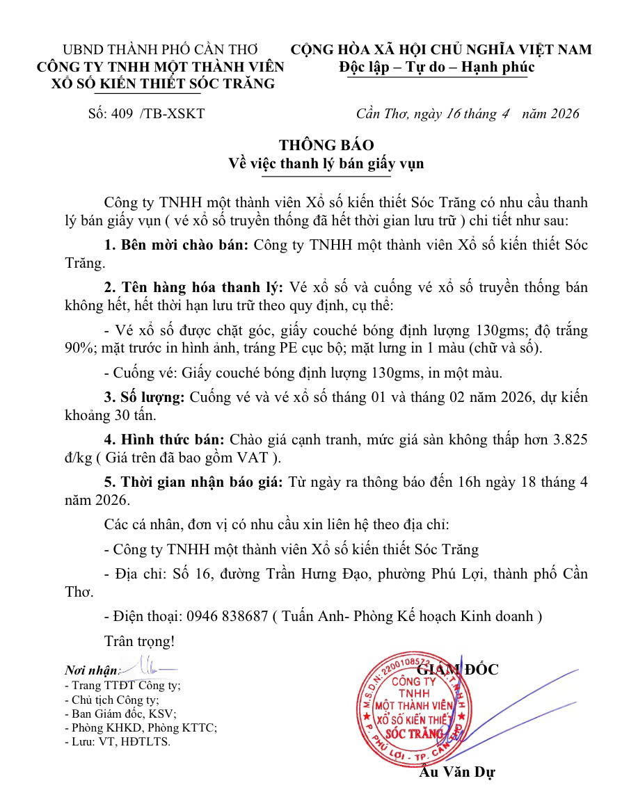 Thông báo về việc thanh lý bán giấy vụn tháng 01 và tháng 02 năm 2026