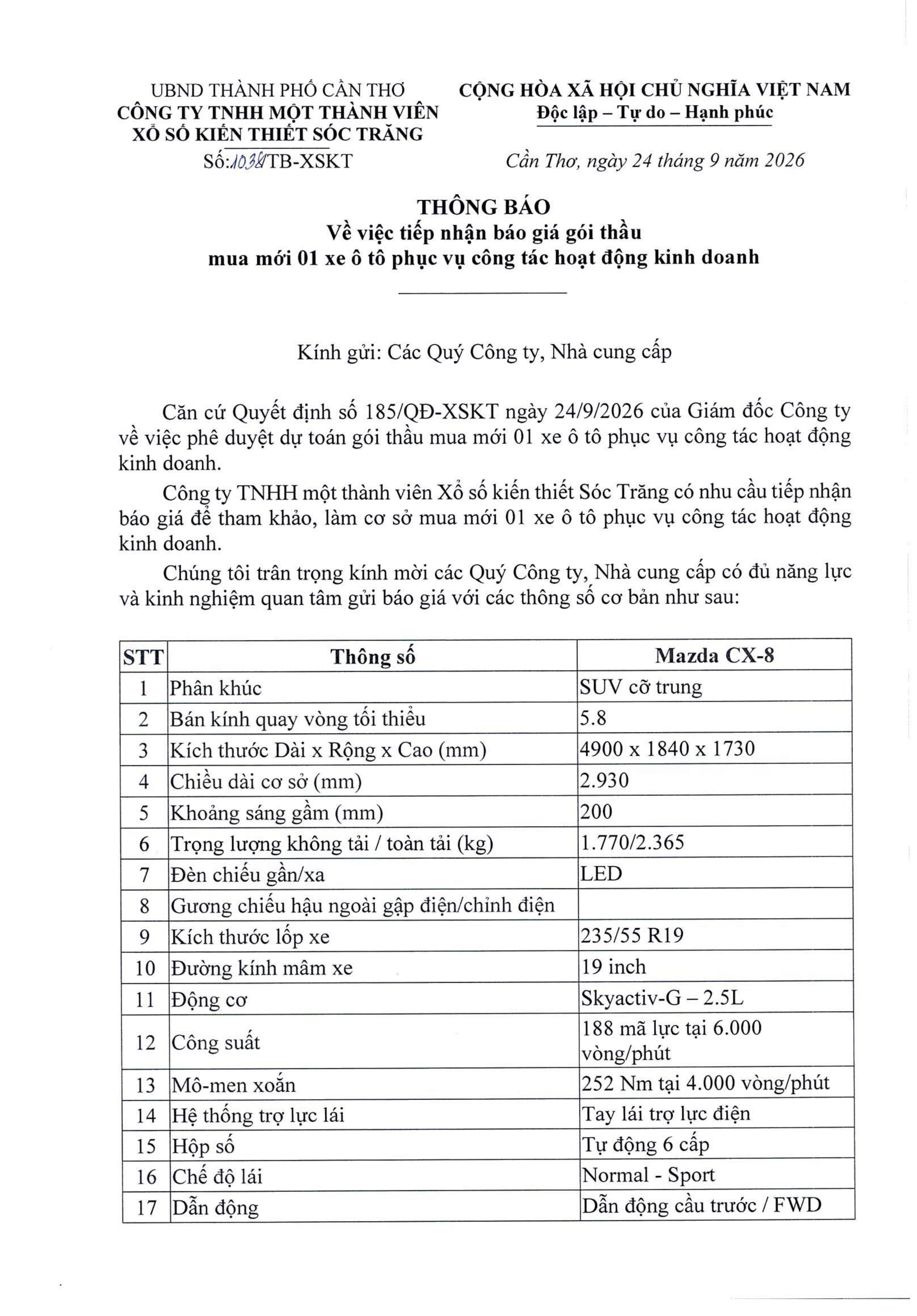 Thông báo tiếp nhận báo giá gói thầu mua mới 1 xe ô tô phục vụ công tác hoạt động kinh doanh 24-9-2026