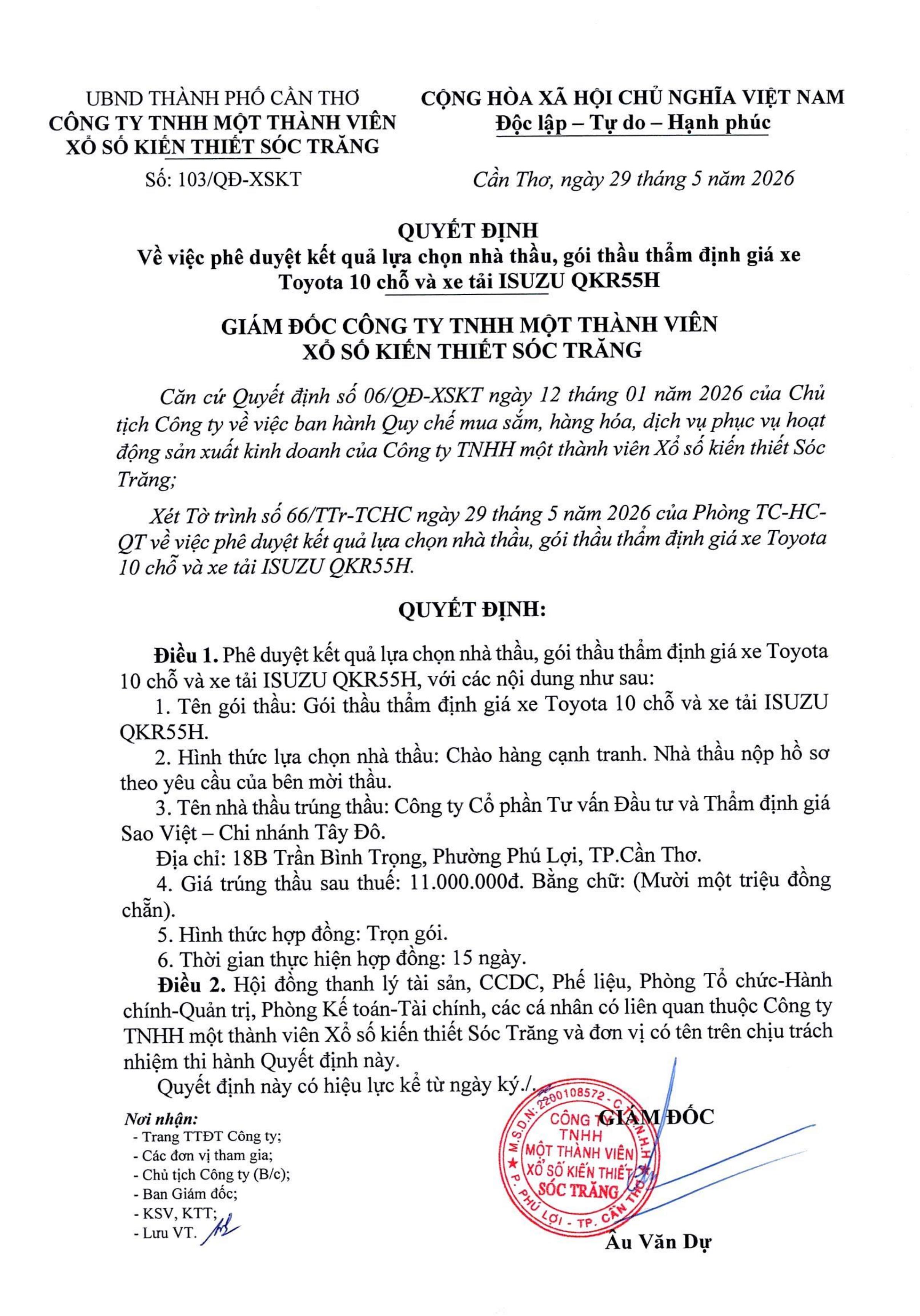Quyết định về việc phê duyệt kết quả lựa chọn nhà thầu, gói thầu thẩm định giá xe Toyota 10 chỗ và xe tải ISUZU QKR55H