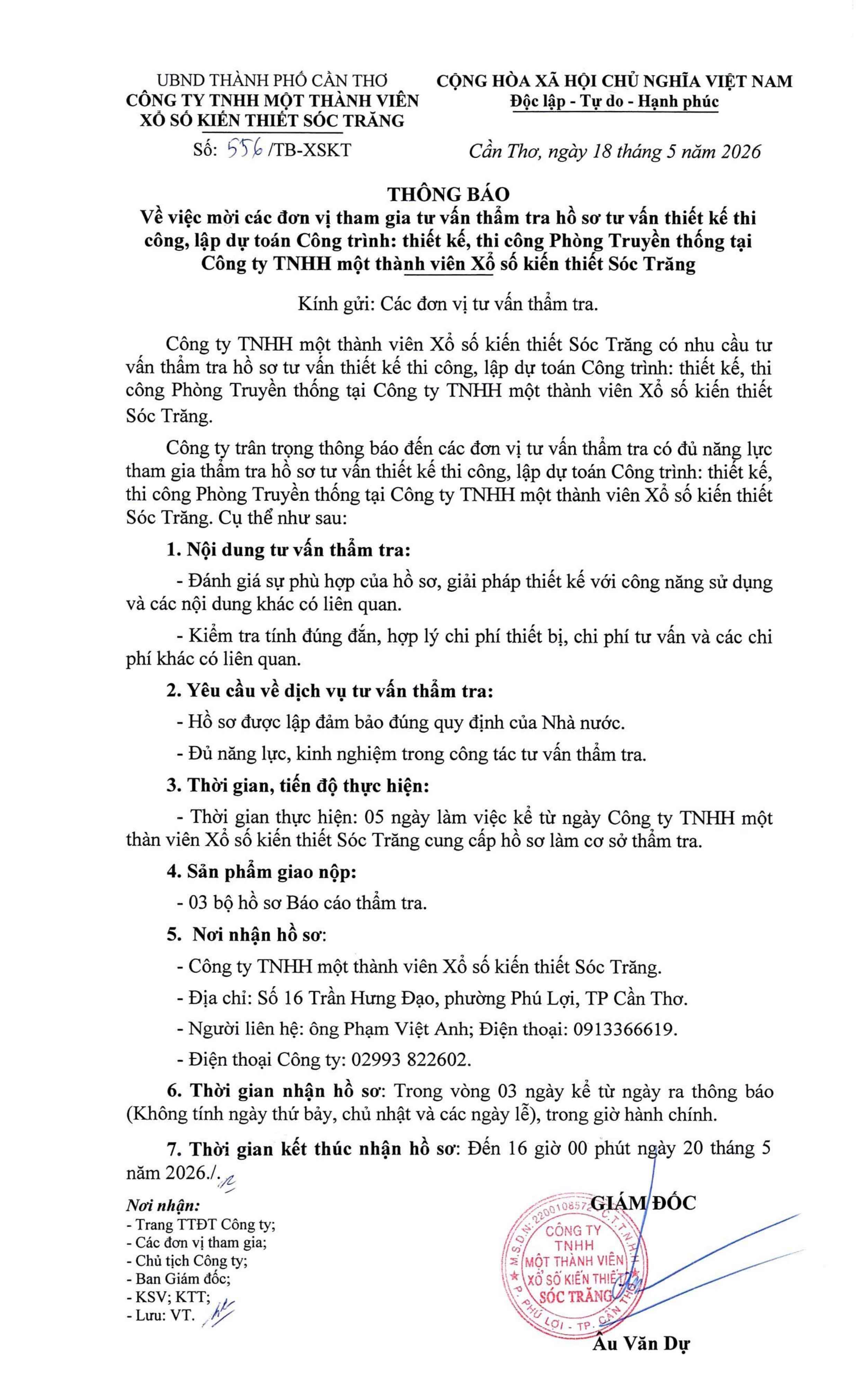 Thông báo mời các đơn vị tham gia tư vấn thẩm tra hồ sơ tư vấn thiết kế thi công phòng lập dự toán công trình thiết kế thi công phòng truyền thống Công ty XSKT Sóc Trăng