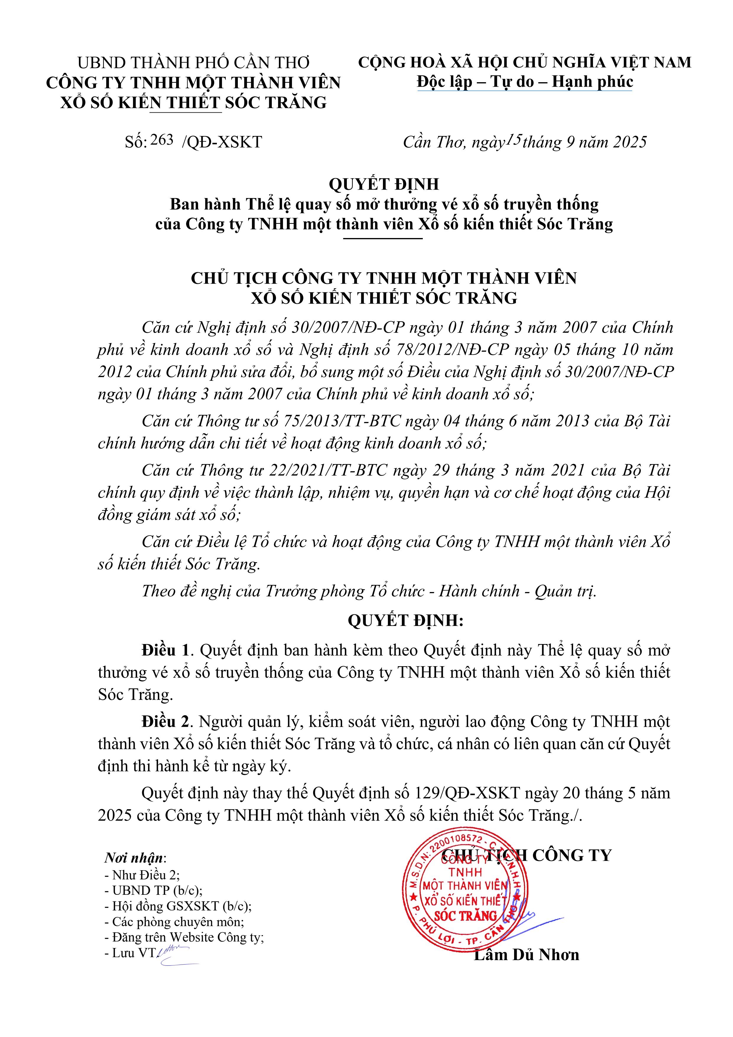 Quyết định ban hành Thể lệ quay số mở thưởng vé xổ số truyền thống của Công ty TNHH MTV XSKT Sóc Trăng