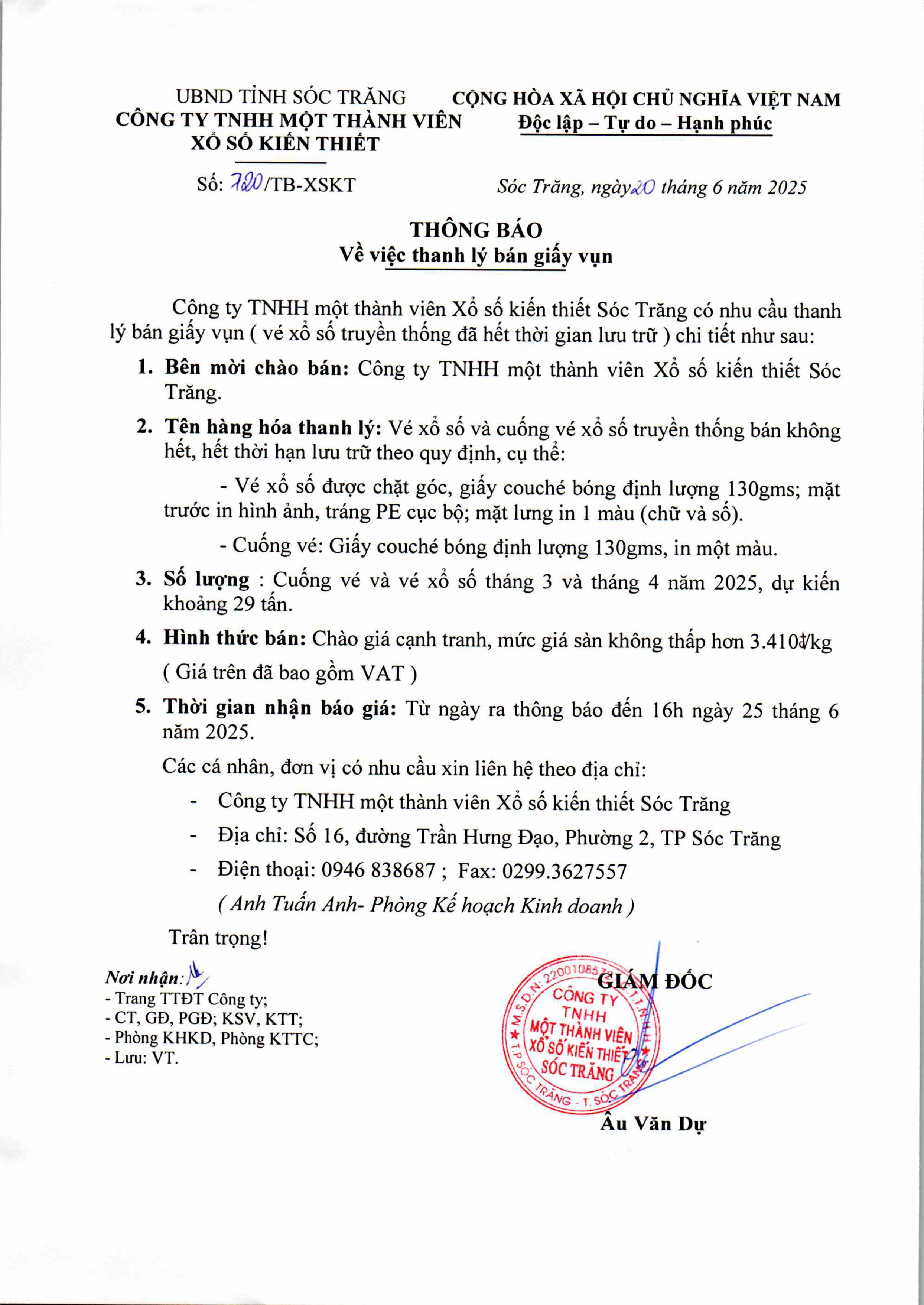 THÔNG BÁO VỀ VIỆC THANH LÝ BÁN GIẤY VỤN THÁNG 3 VÀ THÁNG 4 NĂM 2025