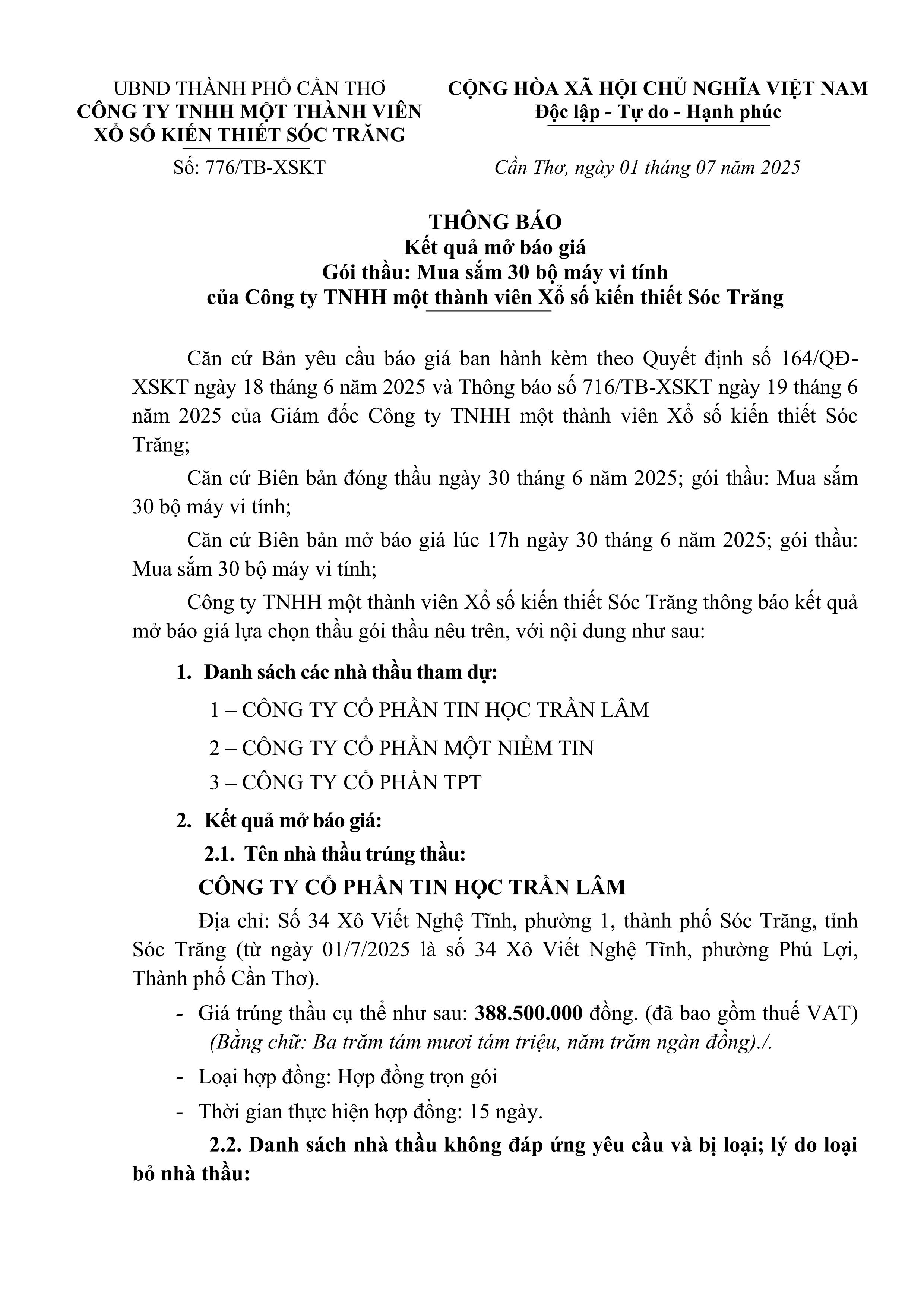 Thông báo kết quả mở bản báo giá gói thầu mua sắm 30 bộ máy vi tính của Công ty TNHH MTV Xổ số kiến thiết Sóc Trăng