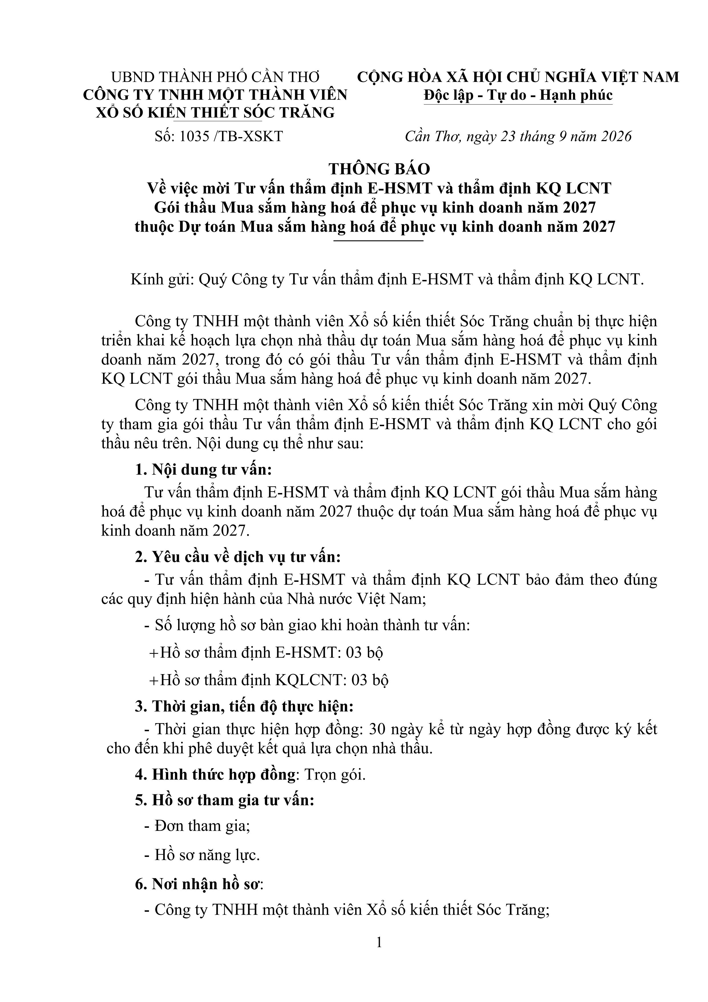 Thông báo mời tư vấn Thẩm định hồ sơ và thẩm định kết quả LCNT gói thầu mua sắm hàng hóa năm 2027