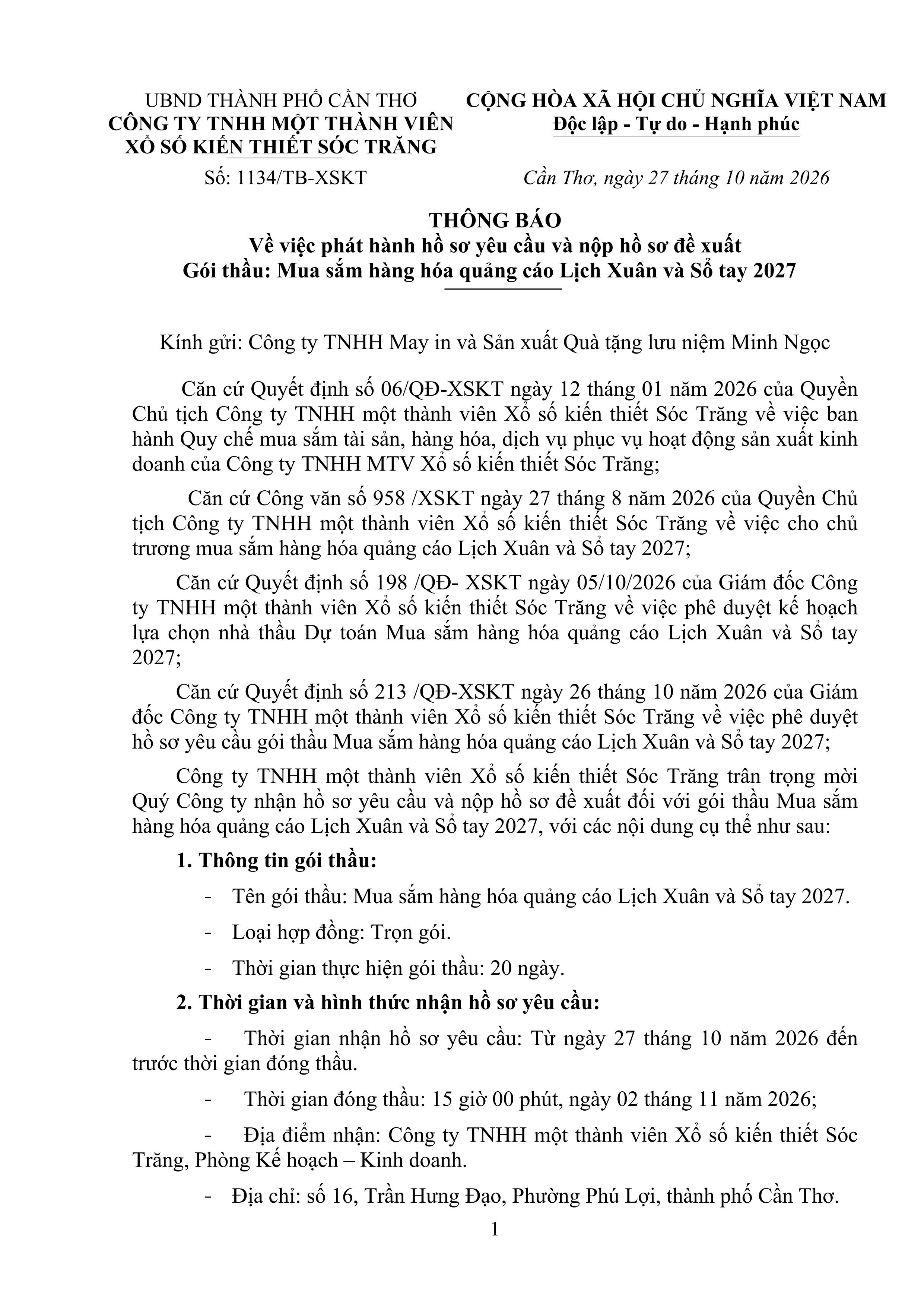 Thông báo phát hành hồ sơ yêu cầu và nộp hồ sơ đề xuất gói thầu mua sắm hàng hóa quảng cáo Lịch Xuân và Sổ tay 2027
