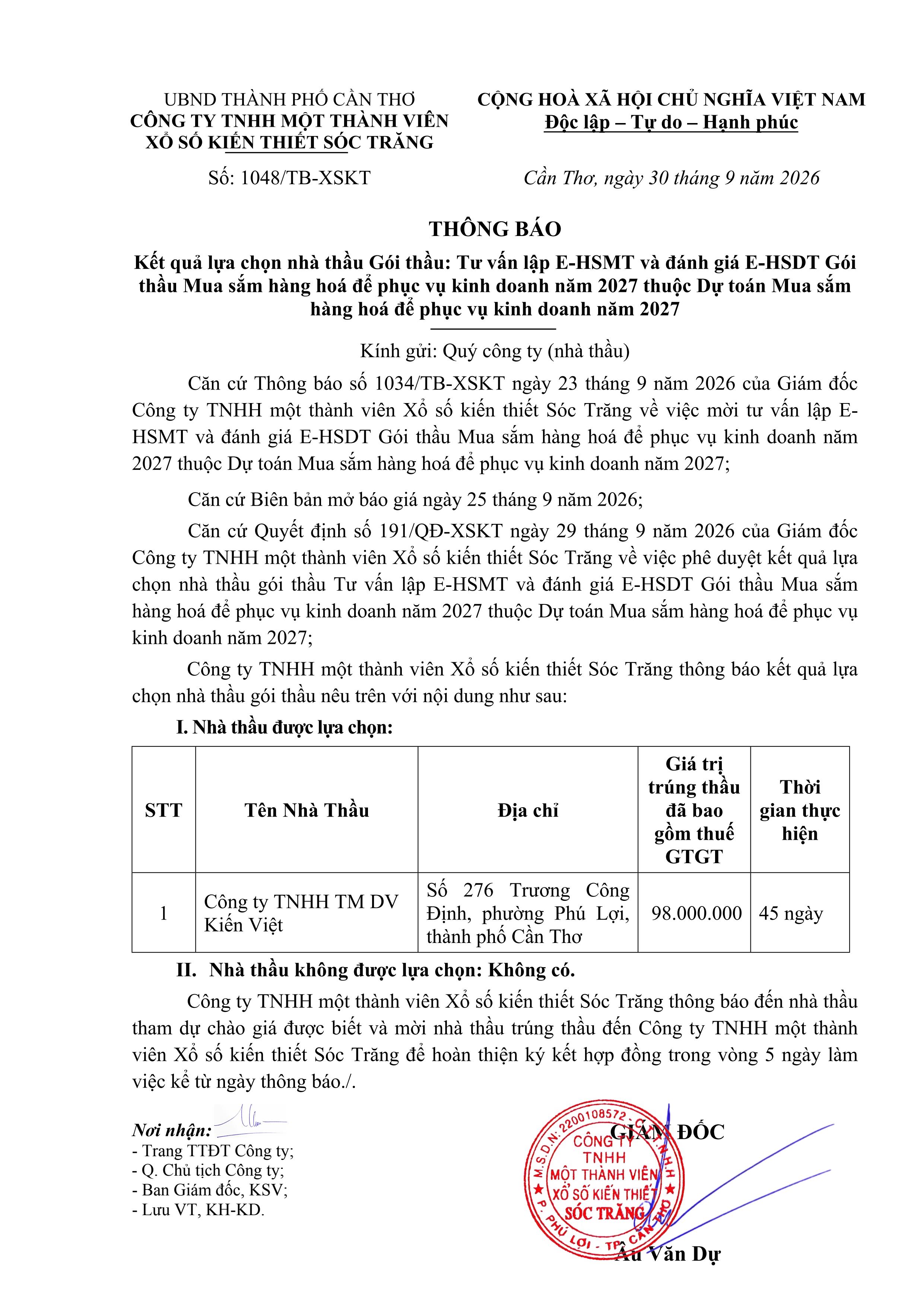 thông báo Kết quả lựa chọn nhà thầu Gói thầu: Tư vấn lập E-HSMT và đánh giá E-HSDT Gói thầu Mua sắm hàng hoá để phục vụ kinh doanh năm 2027 thuộc Dự toán Mua sắm hàng hoá để phục vụ kinh doanh năm 2027