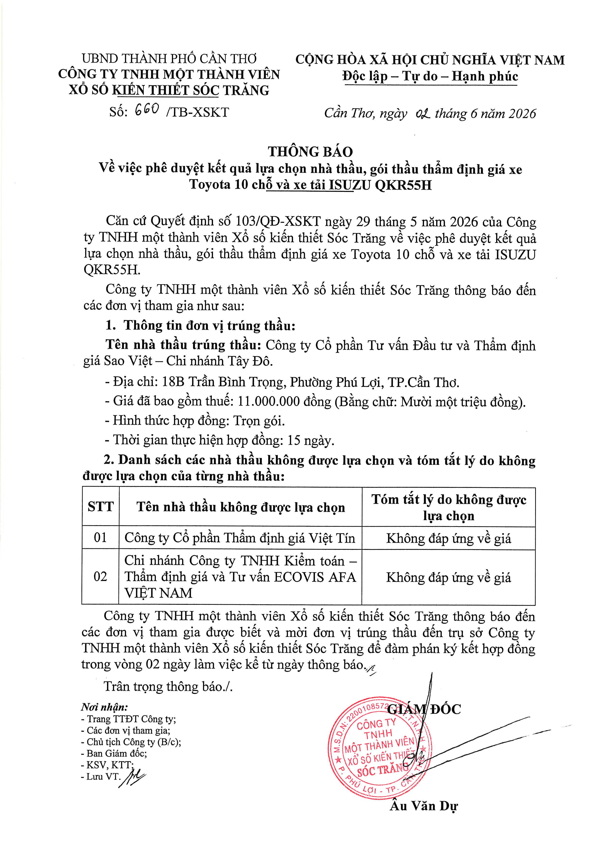 Thông báo trúng thầu thẩm định giá xe toyota và isuzu 2-6-2026