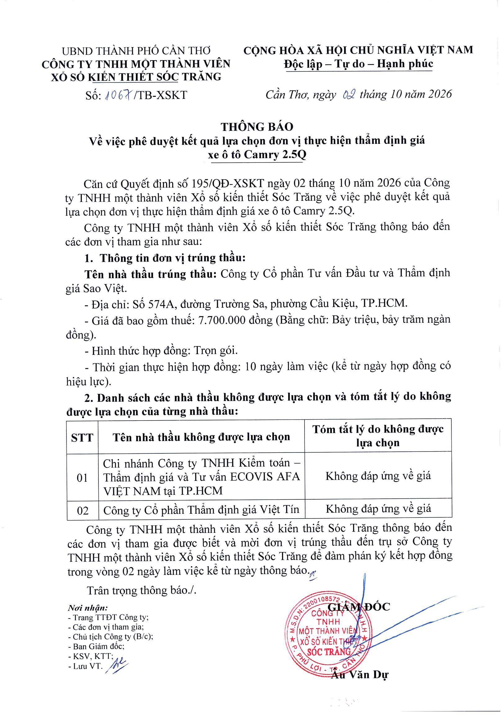 Thông báo trúng thầu thẩm định giá xe Camry 2.5Q