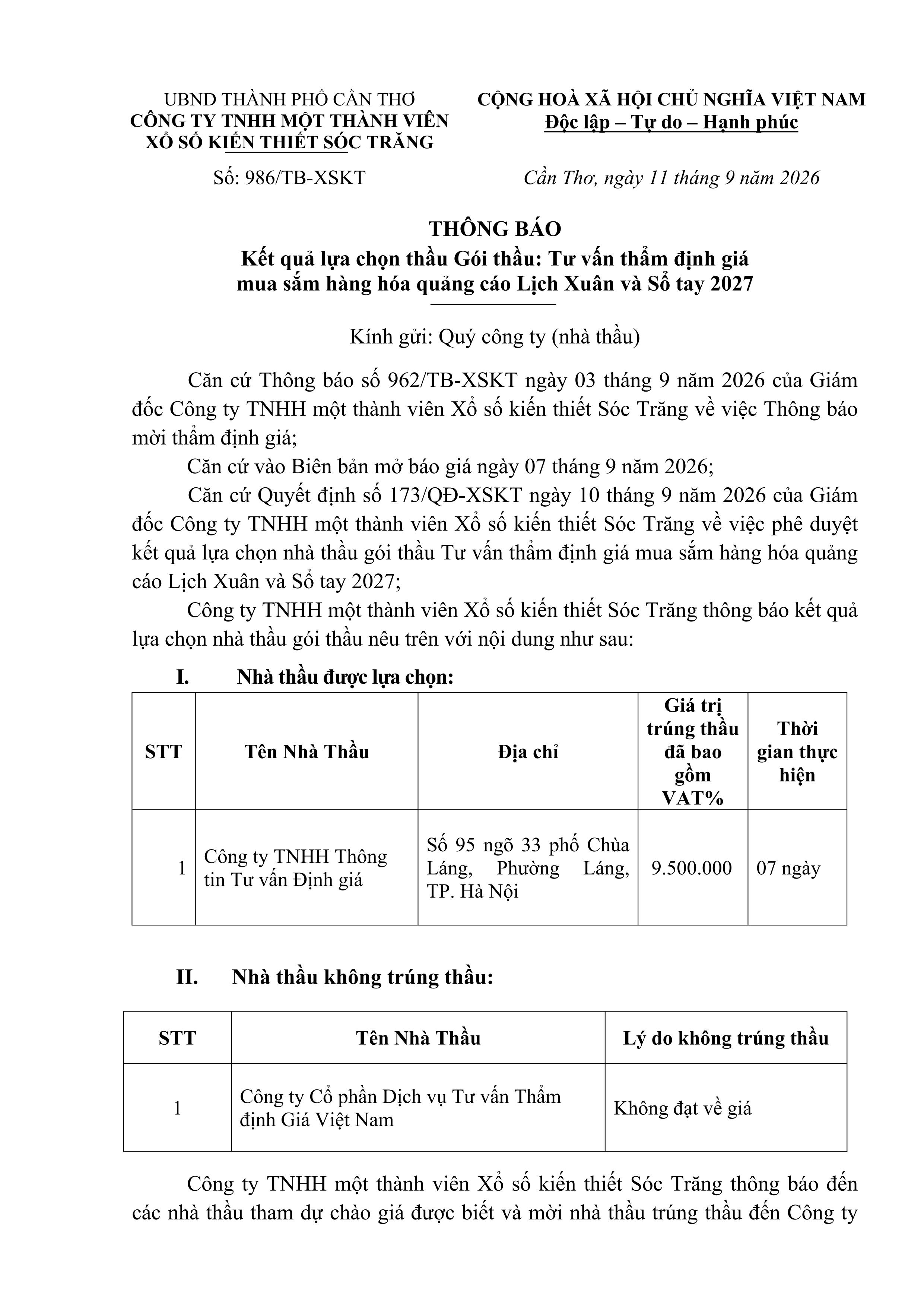 Thông báo trúng thầu thẩm định giá lịch xuân và sổ tay năm 2027