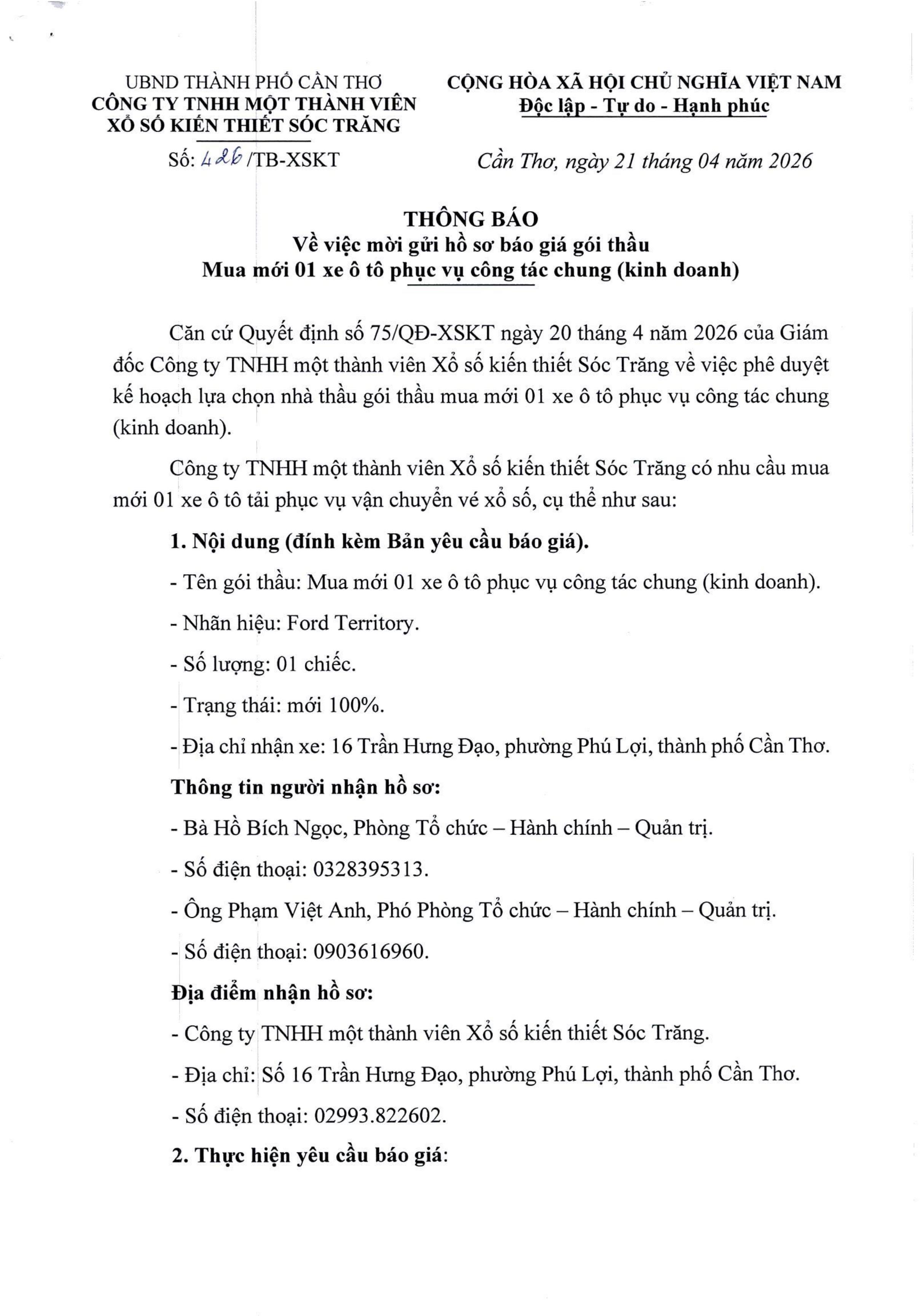 Thông báo về việc mời gửi hồ sơ báo giá gói thầu mua mới 01 xe ô tô phục vụ công tác chung (kinh doanh)