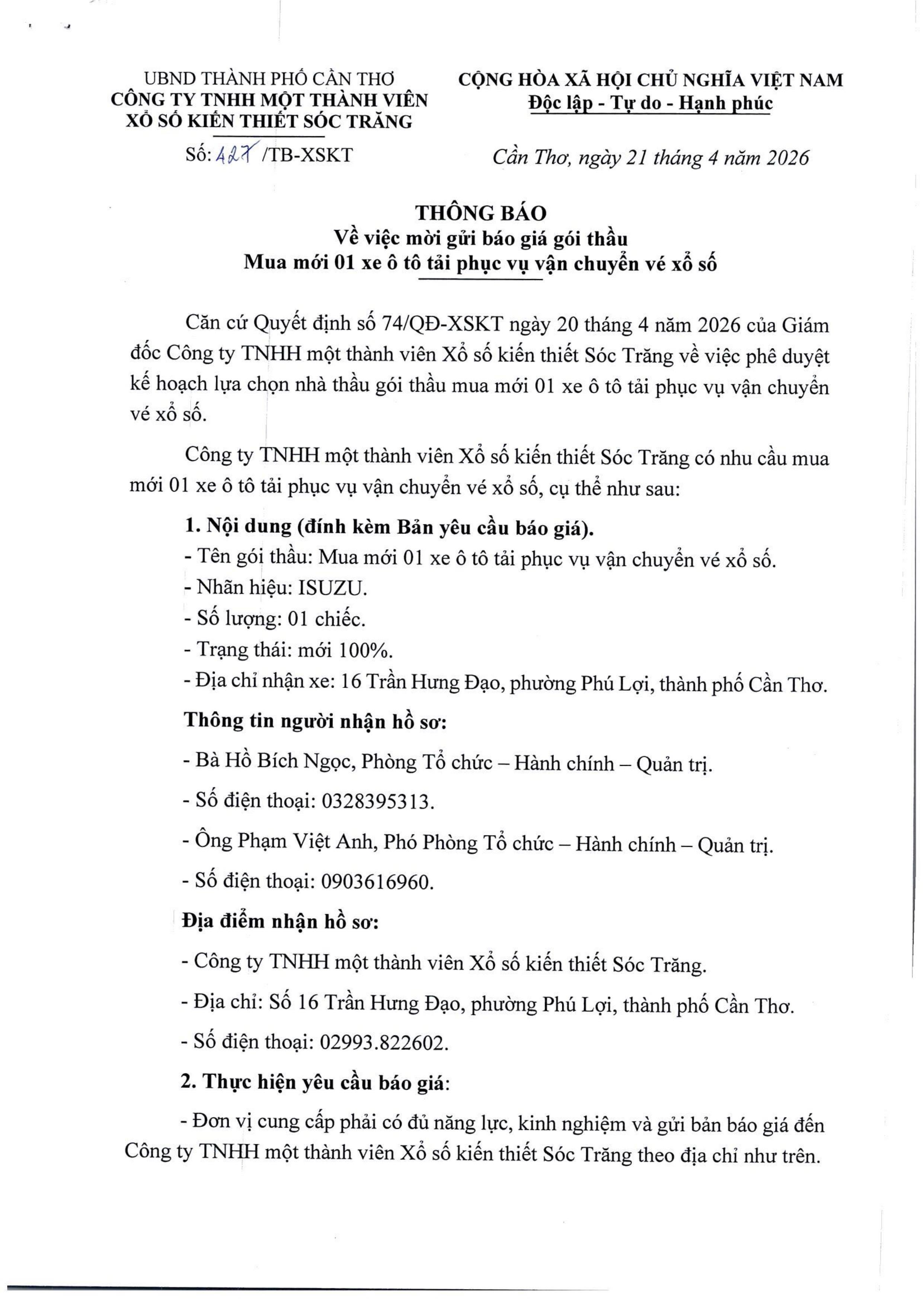 Thông báo về việc mời gửi báo giá gói thầu mua mới 01 xe ô tô tải phục vụ vận chuyển vé xổ số